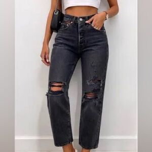 Levi's Black High-Rise Ripped Straight-Leg Jeans